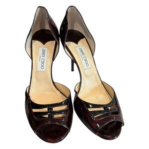 Jimmy Choo Burgundy Patent Leather Peep Toe Cutout D’Orsay Heels Size 40.5